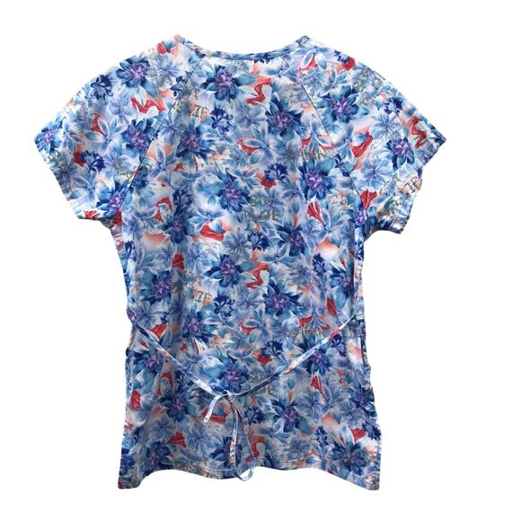 Surf Scrubs Top Womens Small Floral Blue Purple White Red Orange - Picture 2 of 7